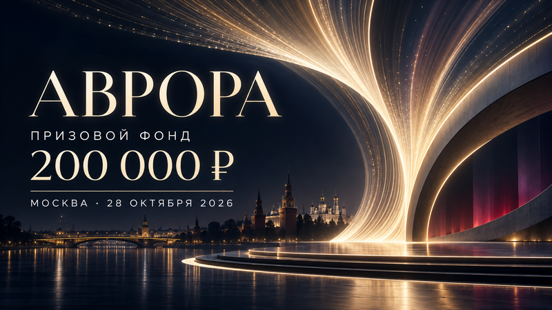 Премия «Аврора» в Москве — световая композиция с надписью «Призовой фонд 200 000 ₽» и датой 28 октября 2026 года